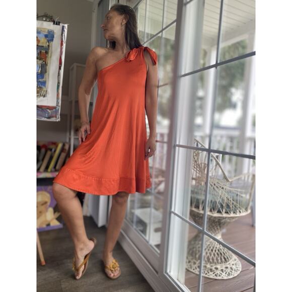 Diane Von Furstenberg One Shoulder Silk Blend Mini Dress Orange Grecian Knot 4 - Picture 1 of 10